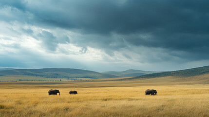 Obraz premium Majestic elephants roam across a vast grassland under a cloudy sky in the afternoon light