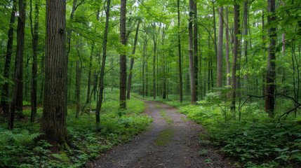 Obraz premium A serene forest path surrounded by lush green trees invites exploration and tranquility