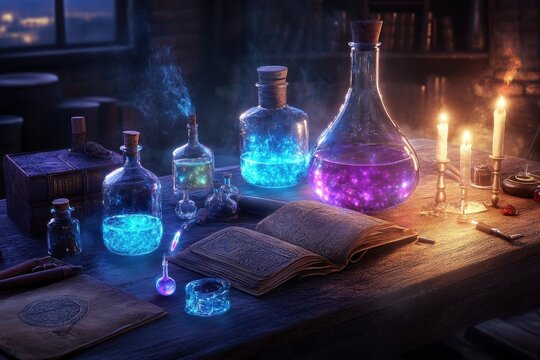 An alchemist's table with ancient scrolls, mystical potions, and intricate tools for transforming the ordinary into gold.