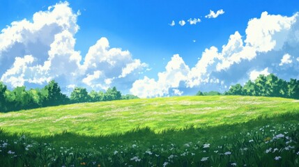 Fototapeta premium A serene landscape featuring a lush green field under a bright blue sky with fluffy clouds.