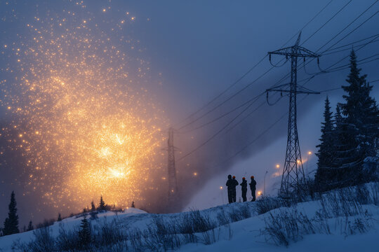 Workers carry out essential electrical repairs amid dramatic sparks at dusk. Generative AI