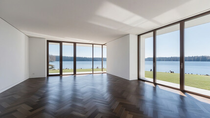 Obraz premium White empty room with parquet in modern apartment. Large windows overlooking the lake and no one inside