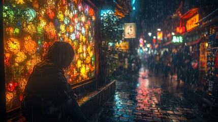Fototapeta premium Rainy urban scene with contemplative figure