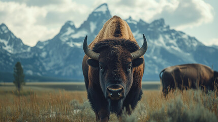 Bison grazing in a mountainous landscape during late afternoon with dramatic skies