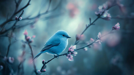 Obraz premium Blue bird perched on a blooming branch in a serene spring setting during early morning light
