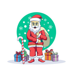 illustration of a happy santa carrying sacks and Christmas presents