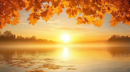 Golden autumn sunset over calm lake, framed by vibrant maple leaves. Perfect for websites, blogs, or any autumn-themed project needing a peaceful, serene image.