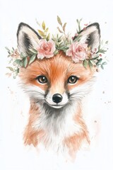 Obraz premium Adorable watercolor portrait of a baby fox adorned with a floral crown in a whimsical woodland setting. Generative AI
