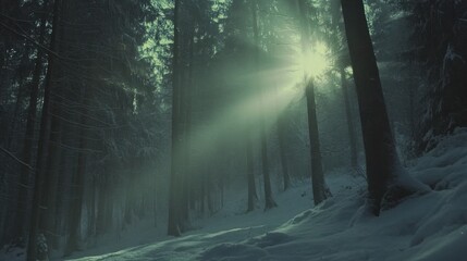 Obraz premium Serene Winter Forest with Sunlight Glowing Through Foggy Trees