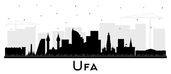 Obraz premium Ufa Russia city skyline silhouette with black buildings isolated on white. Ufa cityscape with landmarks. Business travel and tourism concept with modern and historic architecture.