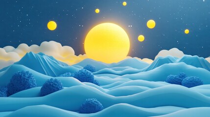 3D landscape with blue hills, yellow sun, and starry sky.