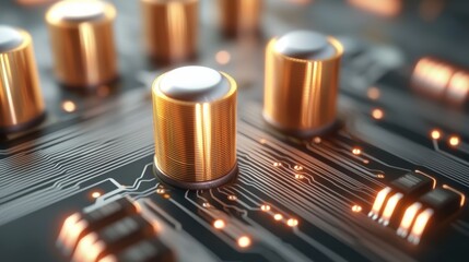 Fototapeta premium Capacitors on an Electronic Circuit Board A close-up view of capacitors on a detailed electronic circuit board, illuminated with glowing traces