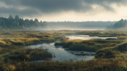 Fototapeta premium Morning mist blankets a serene wetland in a tranquil landscape of lush grasses and gentle water streams