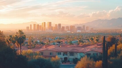 Sunset over Phoenix Skyline with Desert Landscape in the Foreground