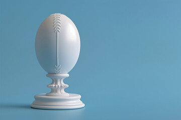 White rugby ball trophy on pedestal, minimalistic style, sports concept, modern design for awards and achievements, isolated object with blue background and copy space for text.