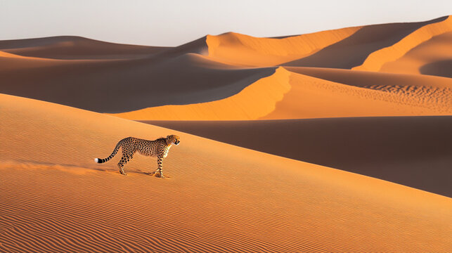 Cheetah walking gracefully through golden sand dunes at sunset in a vast desert landscape