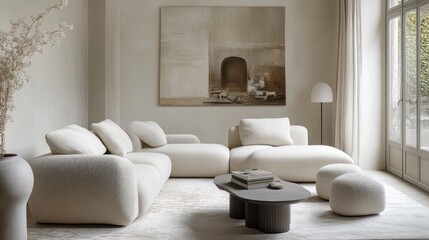 A serene living room featuring a modern, minimalist design with soft furnishings and natural light.