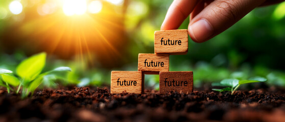 Building a sustainable future with wooden blocks a nature-inspired growth concept in a green environment showing hope and progress