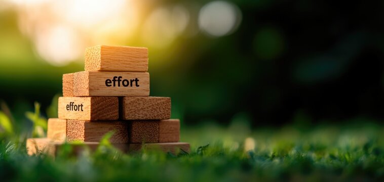 Building success stacked wooden blocks symbolizing effort in a tranquil outdoor setting at sunset