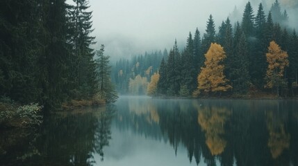 Serene Autumn Reflection on Calm Lake Surrounded by Misty Forest