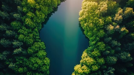 Naklejka premium Aerial View of Lush Green Forest Surrounding Calm Serene Water Body