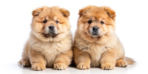 Obraz premium Adorable Chow-chow Puppies in Low Light Photography with Soft Shadows and White Background for Stunning Pet Imagery
