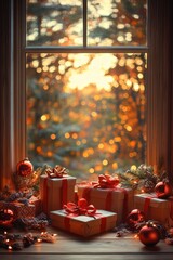A cozy window view with gifts and festive decorations, capturing a warm holiday atmosphere.