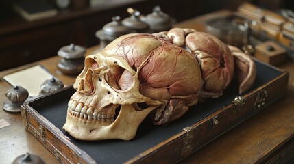 Anatomical skull model, detailed musculature.