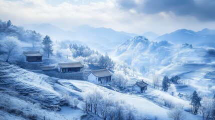 Serene winter landscape with traditional houses amidst snowy mountain, nature, background and trees.