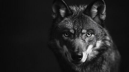 Fototapeta premium Wolf gazes intensely against a dark background showcasing its striking features and wild beauty