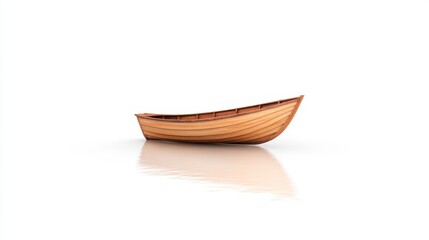 Fototapeta premium A simple wooden boat rests on a reflective surface, showcasing its craftsmanship and natural beauty.