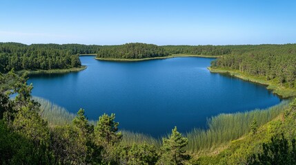 Fototapeta premium Serene Heart-Shaped Lake Surrounded by Lush Green Forest Landscape