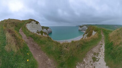 Scenic Coastal Landscape with Overcast Sky and Winding Paths in Normandy