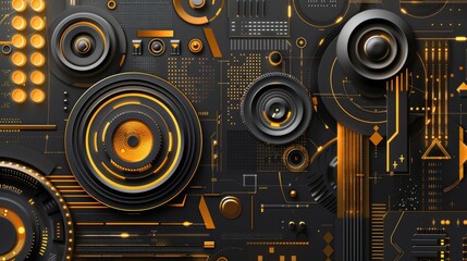 Fototapeta premium Abstract design featuring circular elements and circuitry in black and gold tones.