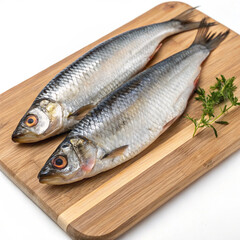 Freshly caught herring on a wooden board. 