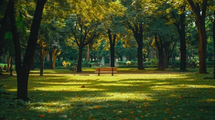 Naklejka premium Tranquil Park Scene with Green Grass and Trees Under Soft Sunlight