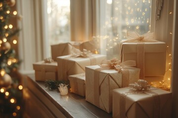 A cozy scene with beautifully wrapped gifts on a windowsill, adorned with warm lights.