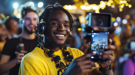 Short video content creation,  camera screen displaying video streaming in a vibrant, dynamic studio environment.