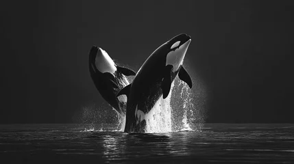 Two orcas gracefully breach the water under a dramatic black and white sky at sunset