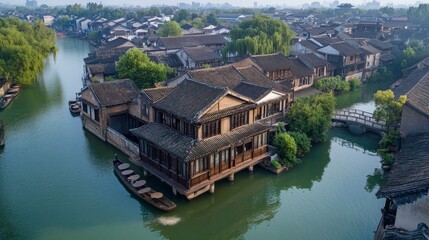 Fototapeta premium Aerial view of traditional houses along a serene waterway in a historic town.