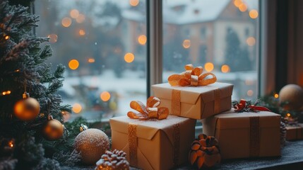 A cozy winter scene with wrapped gifts by a window, adorned with holiday decorations.