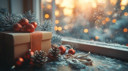 A cozy winter scene featuring a gift box, pinecones, and festive decorations by a window.