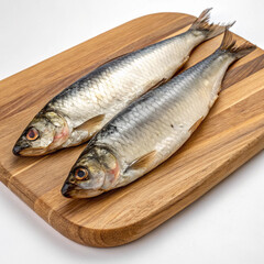 Freshly caught herring on a wooden board. 