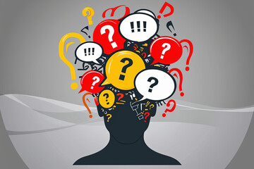Chaotic Human Head Silhouette with Speech Bubbles Symbolizing Anxiety and Overthinking