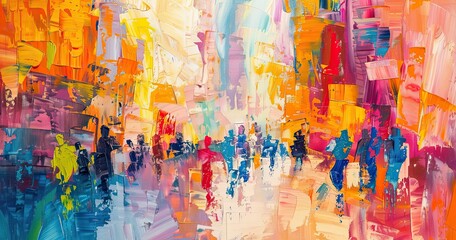 Fototapeta premium A vibrant abstract painting depicting a lively street scene filled with colorful figures.