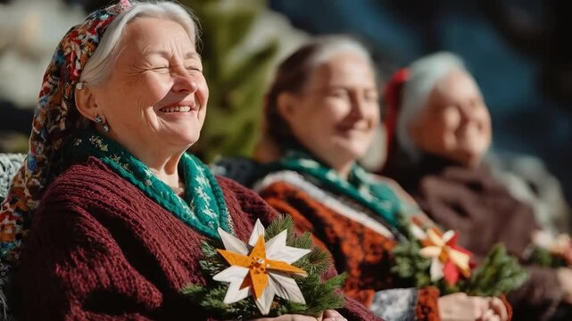Elderly women in traditional Slavic clothing holding festive decorations while sitting outdoors in sunlight, celebrating Koliada winter holiday.