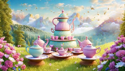 Giant tea party: a Wonderland landscape that features a giant tea party, with oversized teapots, teacups, and plates. The landscape can be filled with whimsical elements such as talking flowers