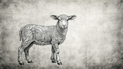 Black and White Outline of a Lamb Engraving with Copy Space for Design and Artistic Use, Perfect for Illustrations, Prints, and Graphic Projects