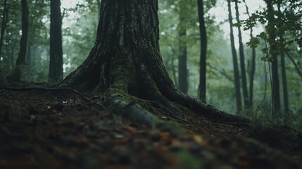 Fototapeta premium Majestic Tree Roots in Serene Foggy Forest Landscape at Dawn