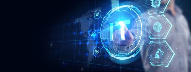 IT consultant presenting tag cloud about information technology.